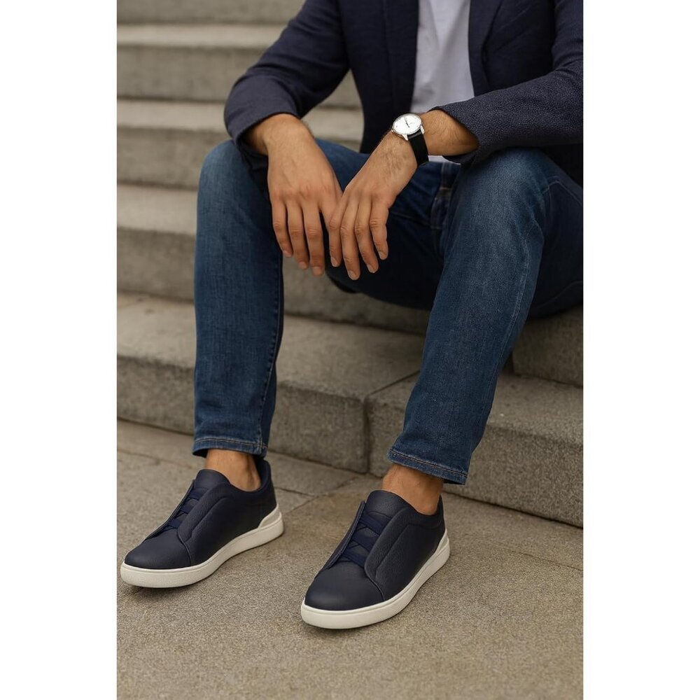 Men's Genuine Leather Black Foam Insole Lightweight Slip On Sneakers Shoes - Picture 2 of 5